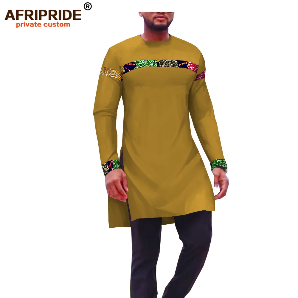 Африканская Повседневная рубашка для мужчин AFRIPRIDE сделанная на заказ рубашка с длинным рукавом и круглым вырезом с длинным разрезом по бокам африканская восковая хлопковая рубашка A1812002 - Цвет: 487J