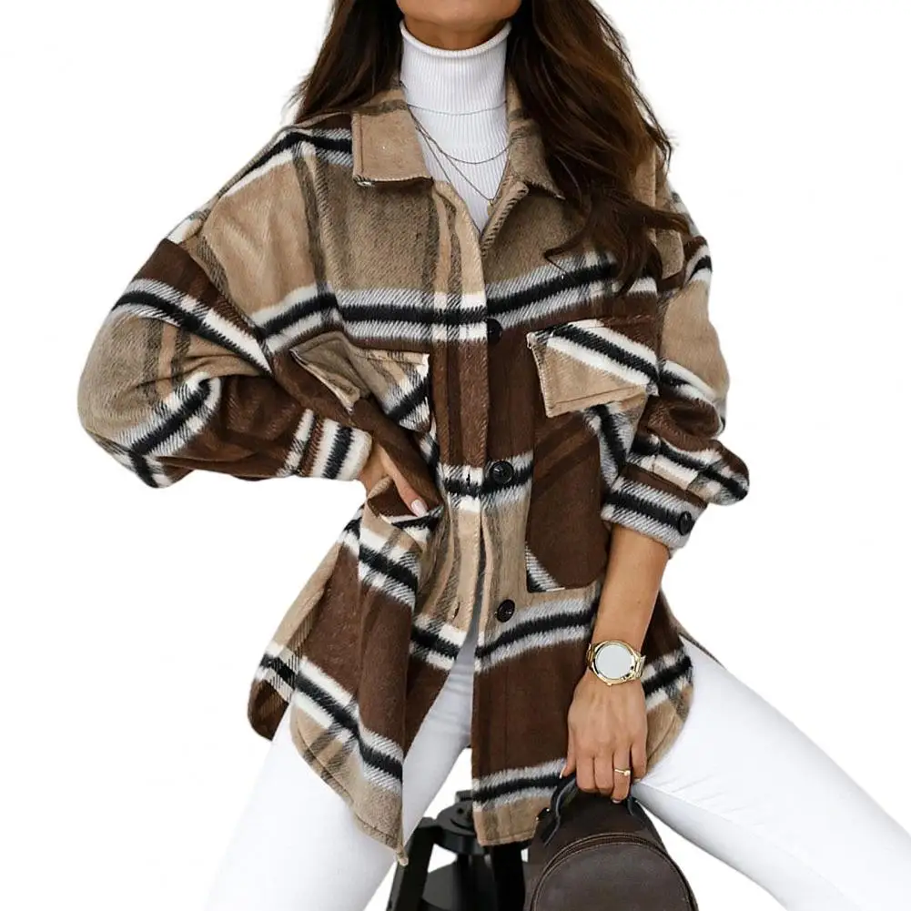 

80% HOT SALESï¼ï¼ï¼Women Turn Down Collar Long Sleeve Pockets Single-breasted Plaid Jacket Coat