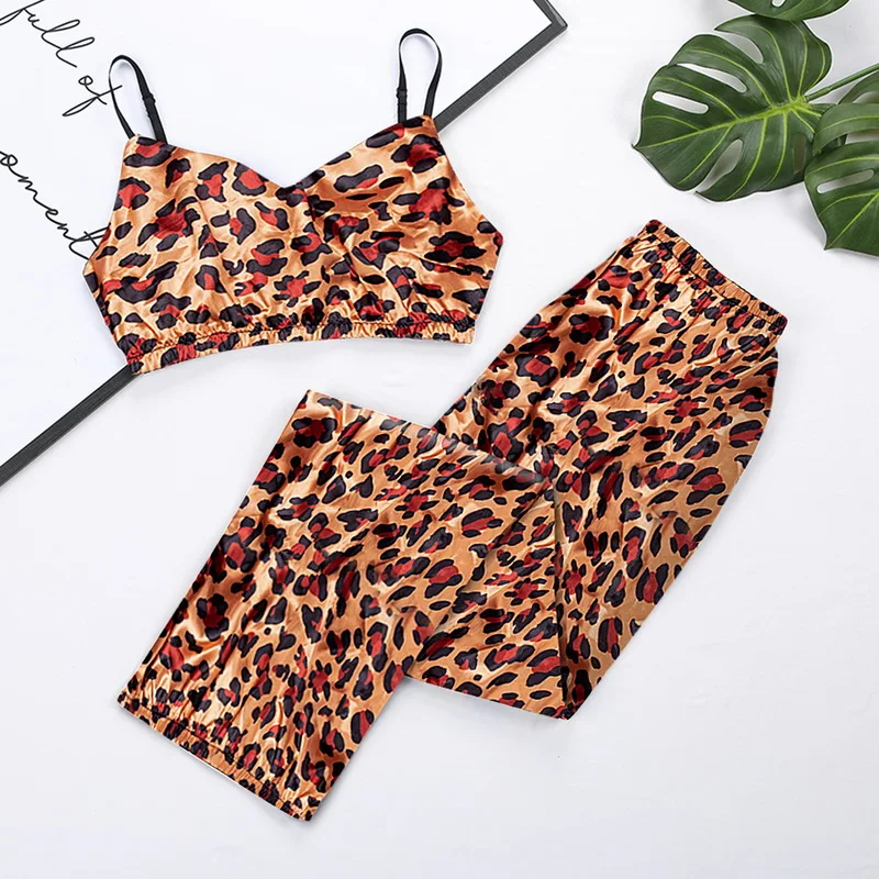 

Spaghetti Strap Fox Pajamas Print Summer Two Piece Set Top And Pants Sleepwear Satin Women V Neck Sexy Nightwear Pattern