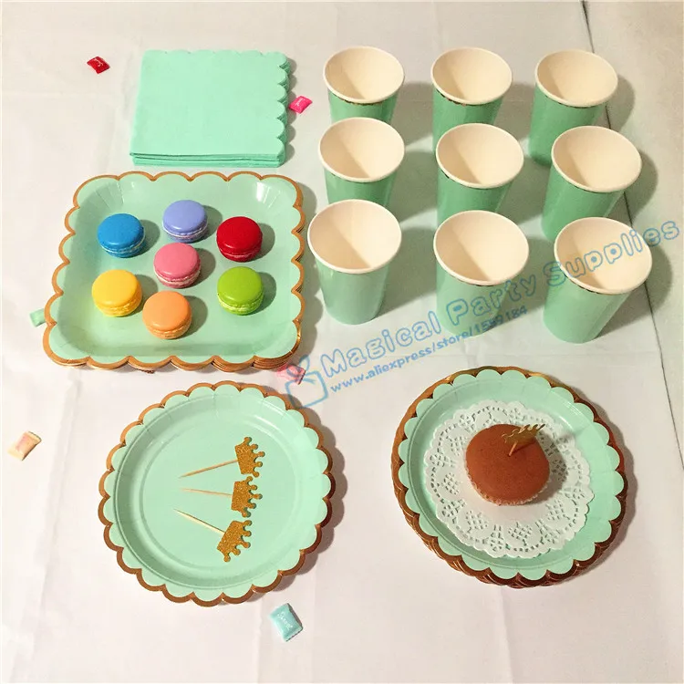 16 комплектов мятно зеленые и золотые бумажные тарелки для вечерние посуды|straw for
