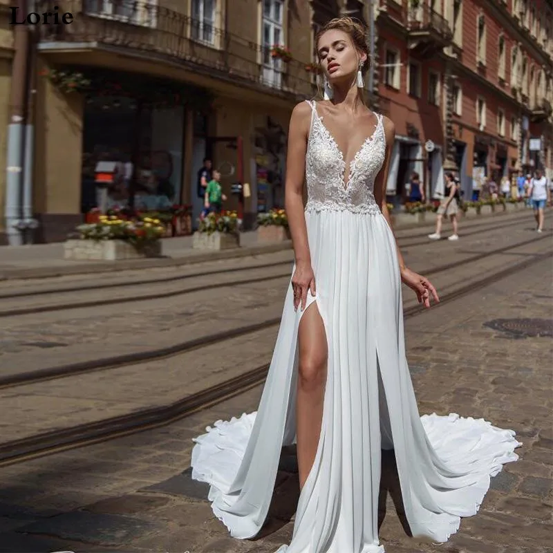 Lorie свадебное платье на бретельках шифоновое трапециевидной формы с разрезом