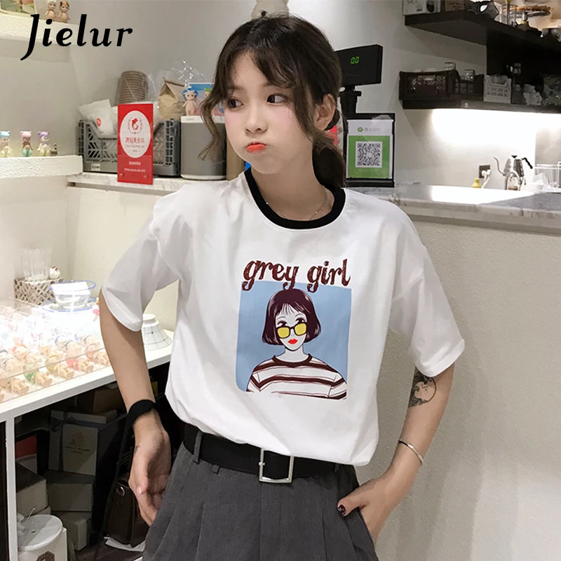 Jielur с коротким рукавом для женщин Футболка Харадзюку сладкий Свободные серый