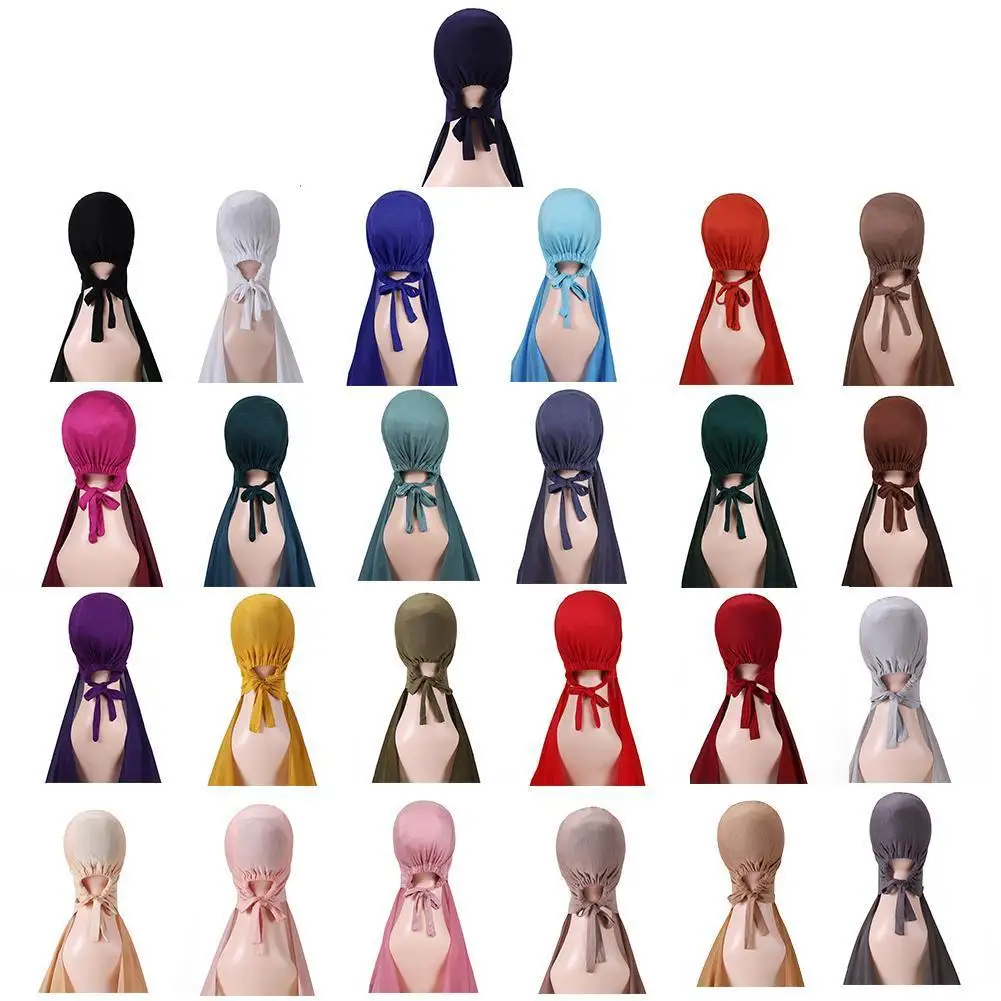 

Women Fashion Bubble Solider Color Heavy Instant Chiffon Hijab With Bonnet Elastic Rope Shawls Cover Headwrap Turbante