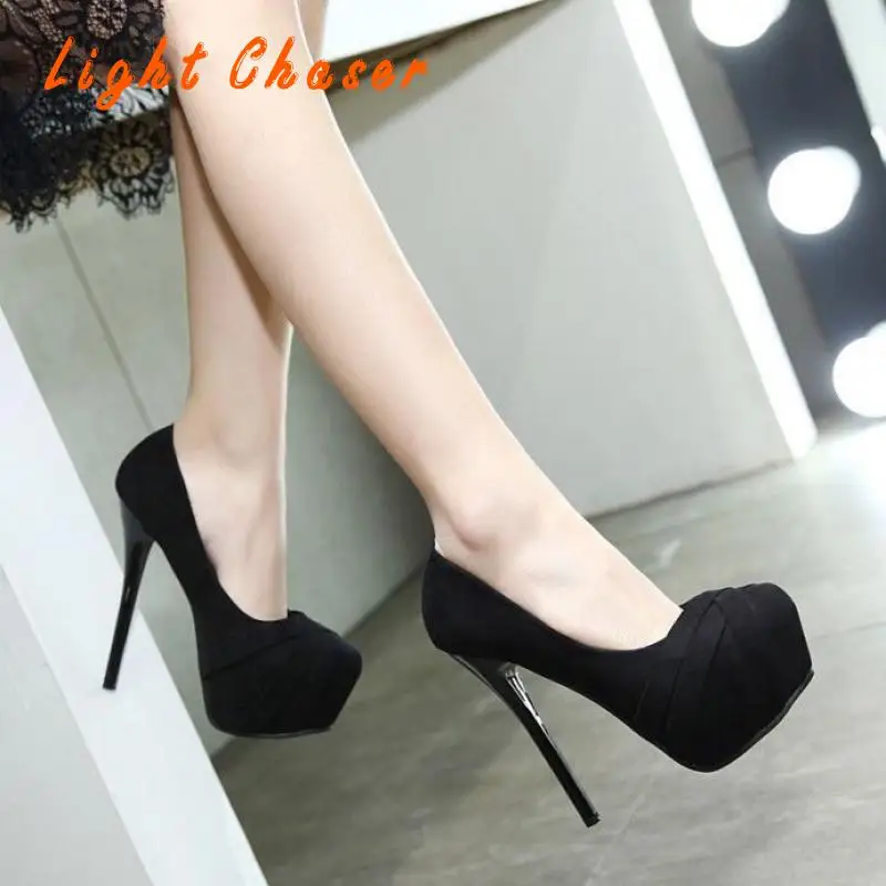 Женские туфли лодочки на платформе 12 см из флока шпильке и высоком каблуке обувь