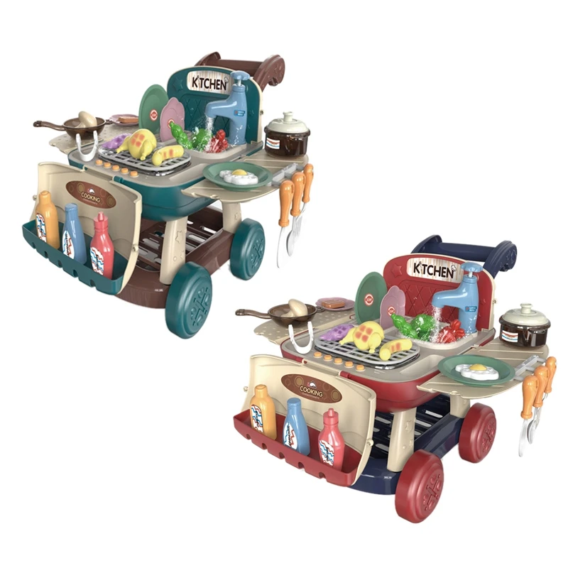 

2 In 1 Kids Barbecue Cart Toy Girl Kitchen Supermarket Hand Cart Baby Pretend Play Toy Gift Simulation Kitchen Toys