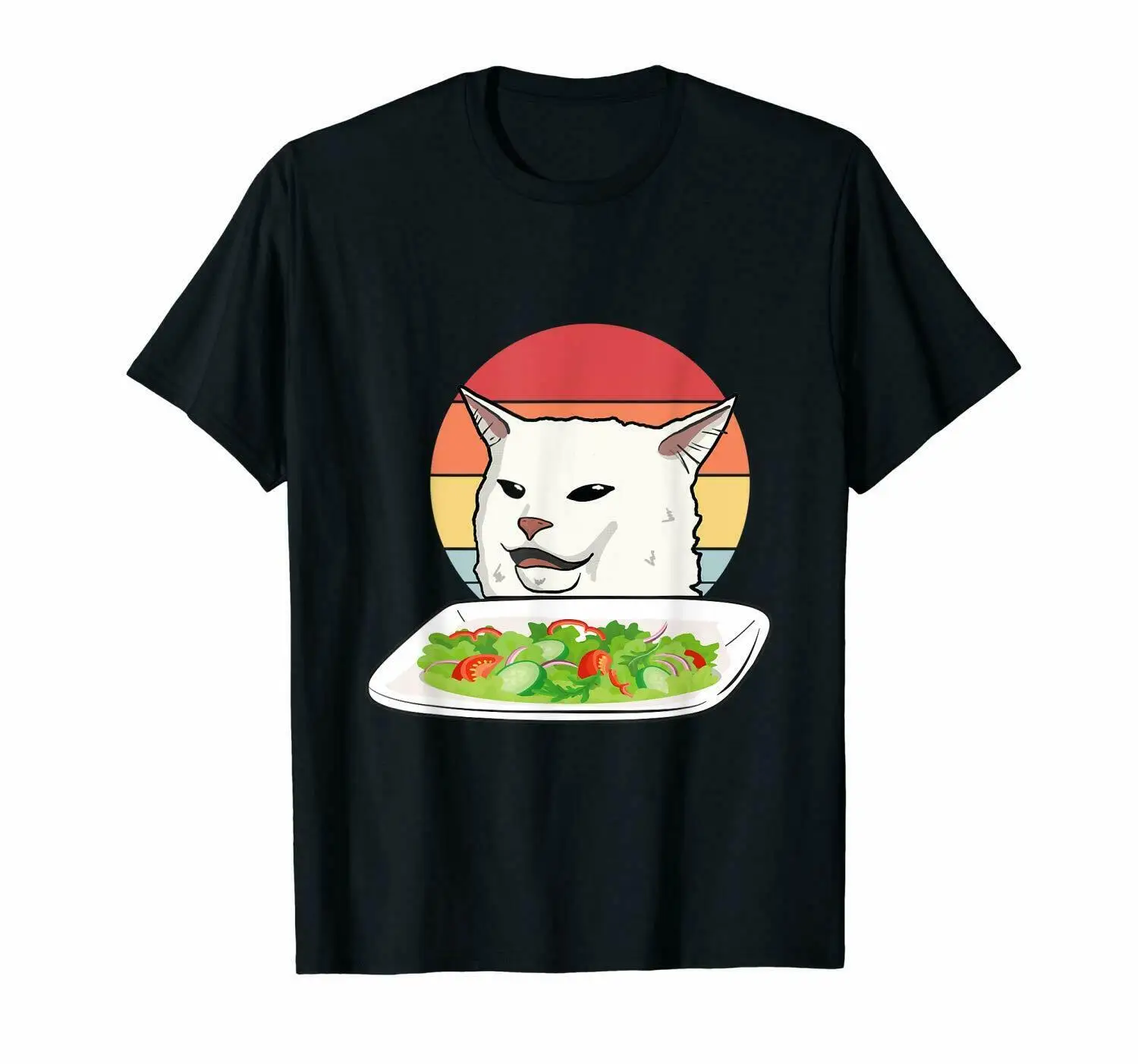 

Angry Women Yelling At Confused Cat At Dinner Table Meme Funny Black T-Shirt