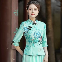 cheongsam women plus size tang costume tops 2022spring fashion cotton blend prints stand collar retro chinese qipao shirts woman