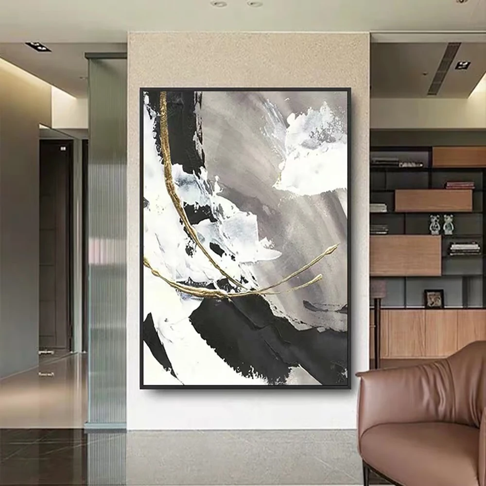 

Large Size Handmade Oil Painting Black White Golden Texture Wall Art Modren Abstract Decoration Pictures Hand Painted On Canvas