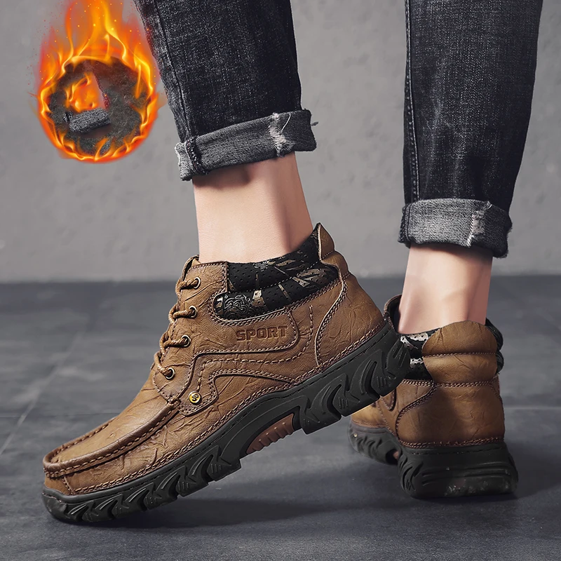 Big size 48 Genuine Leather Men Warm Plush Boots Winter Waterproof Ankle Boots Riding Boots Outdoor Working Snow Oxfords Shoes