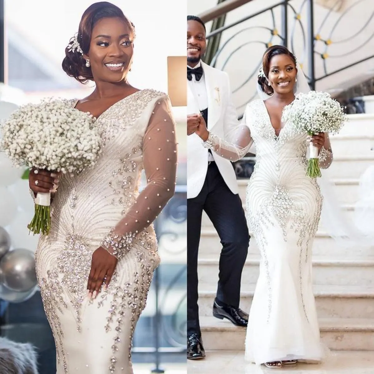 

African Beading Crystals Mermaid Wedding Dresses Bridal Gowns V Neck Illusion Long Sleeves Luxury Aso Ebi vestido de noiva