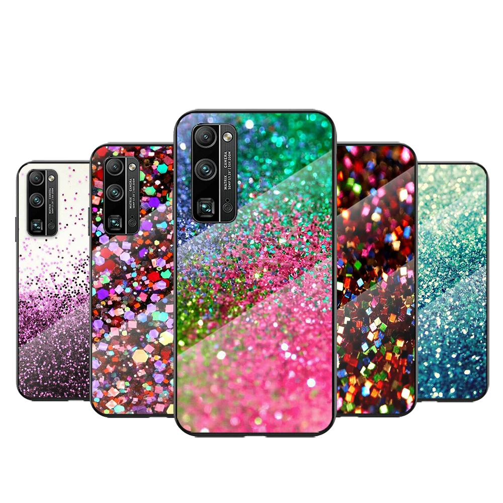 Чехол из закаленного стекла с блестками и песочным принтом для Huawei Honor 30 20 10 9X 8X Pro