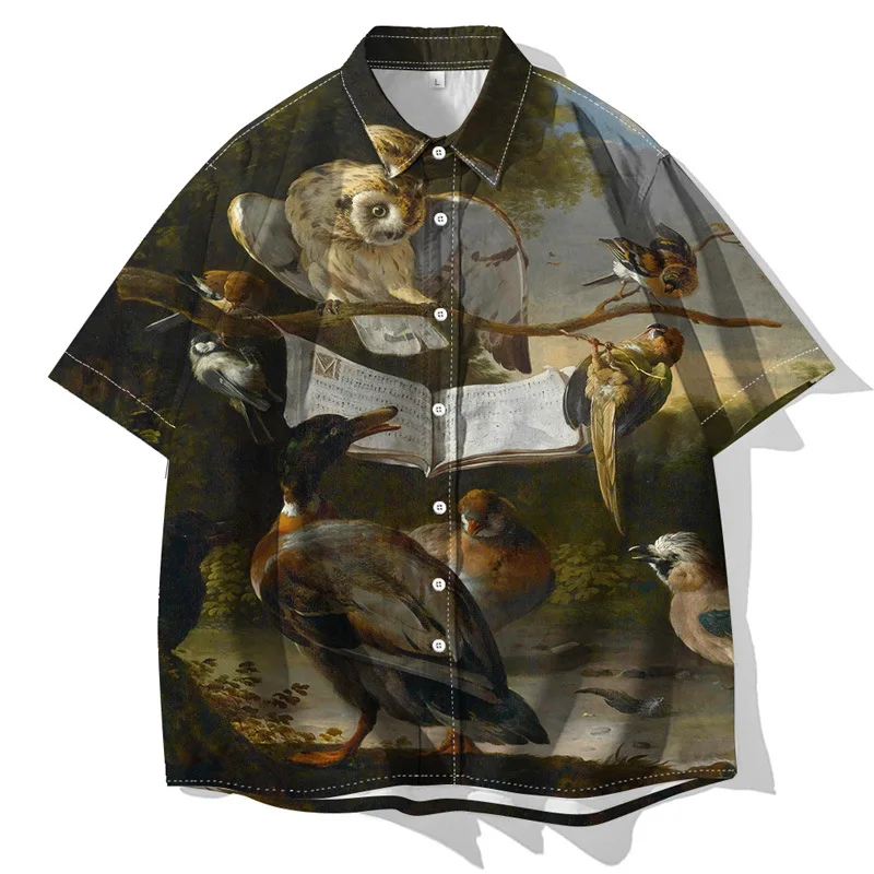 

Summer 3D Digital Print Owl Pattern Loose Fashion Short-Sleeve T-Shirt Casual Hip-Hop Personality Streetwear Male Button T-Shirt