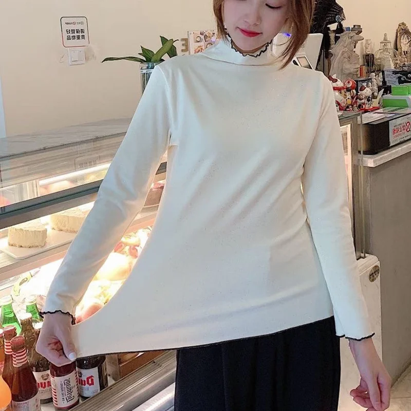

Korean Fashion Women Casual Solid Color T-Shirt Long Sleeve Fungus Turtleneck Collar Top Ladies Slim Autumn Wild Base Shirt