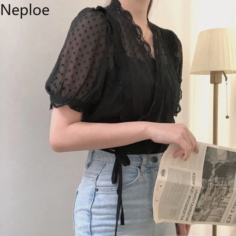 Женская блузка с цветочным принтом Neploe кружевная v-образным вырезом и пышными