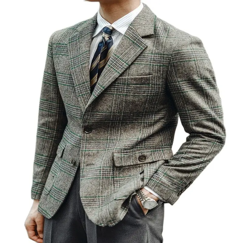 Costume en Tweed gris pour homme, à carreaux, à revers cranté, deux boutons, polyvalent, de luxe, décontracté, formel, à la mode, Slim Fit  (0)