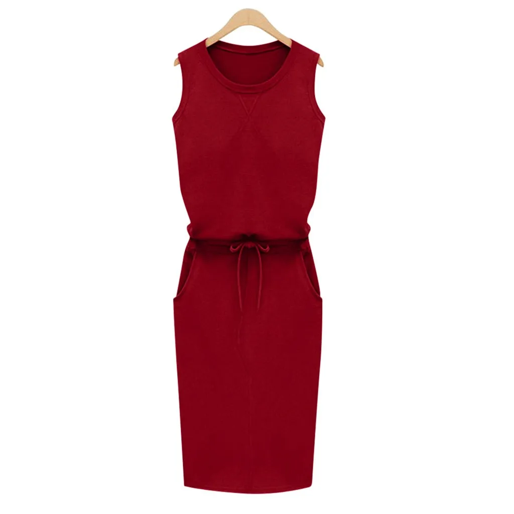 Женское Повседневное платье-карандаш без рукавов с карманами лето 2020 однотонные