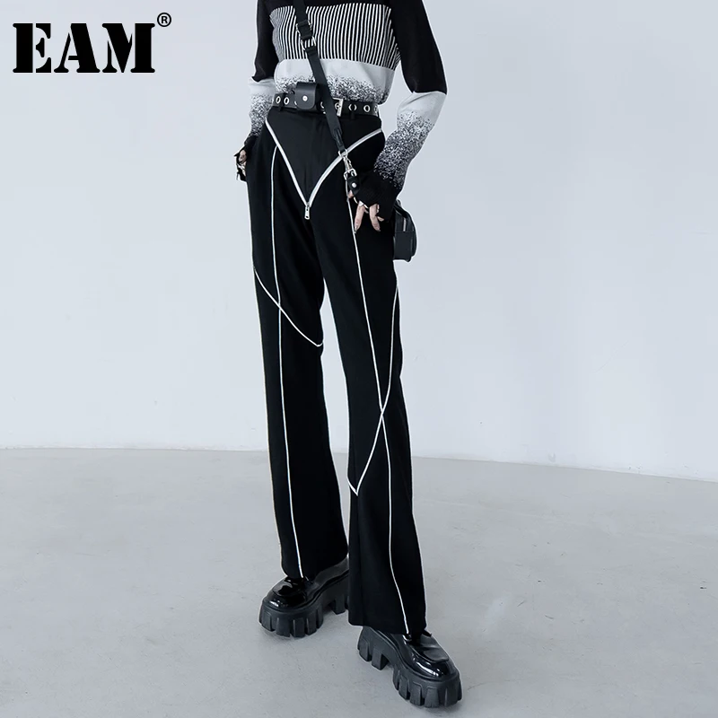 

[EAM] Черные Прошитые длинные широкие брюки с высокой талией, новые свободные женские брюки, модные весенне-осенние 2021 1DE3769