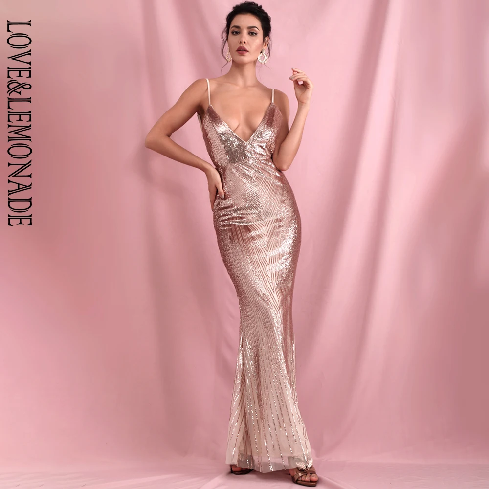 Женское вечернее платье LOVE & LEMONADE розовое золотистое Платье макси с глубоким V