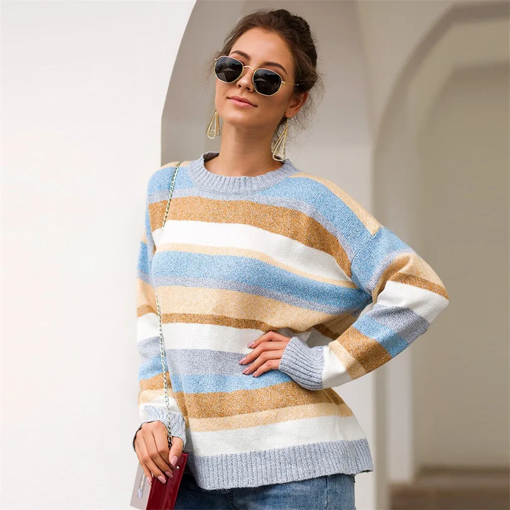 

Pull Femme Hiver Dames New Pullover Plus Size Women Knitted Patchwork Stripe Long Sleeve O-Neck Sweater Top#15