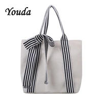 new womens canvas shoulder bag ins style simple bow female handbag for students shopping large capacity reusable shopping bag