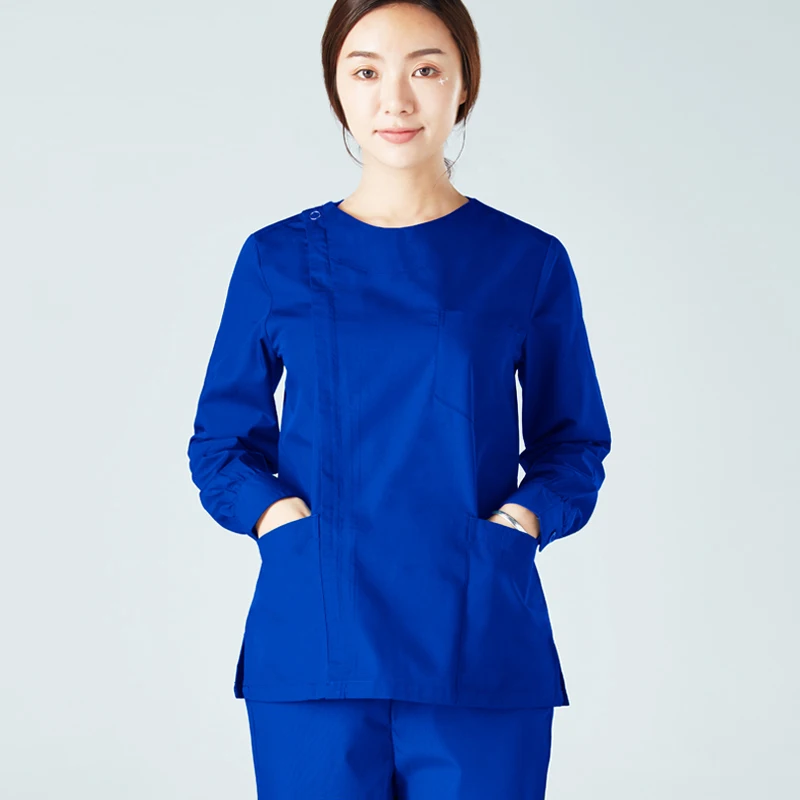 Women's Fashion Long Sleeves Medical Scrubs Set Pure Cotton Side Opening Front with Zipper and Scrub Pants Nursing Uniforms |