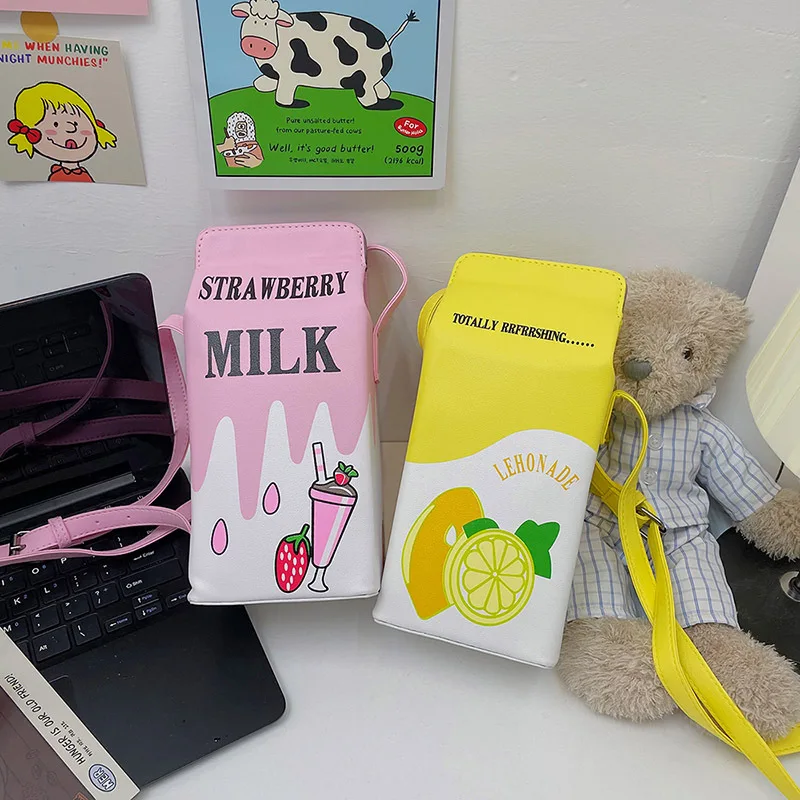 

Cute Milk Box Crossbody Bags for Women Harajuku Strawberry Drink Women Shoulder Bag Lemon Cartoon Printed Funny Purse 2021 Flap