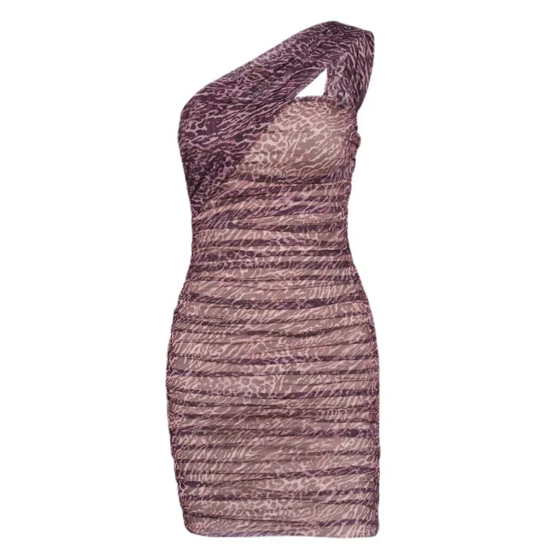 

JULISSA MO Printed Leopard Backless Mini Dresses for Women Summer Slant Shoulder Mesh Zipper Dress Femme Sexy Party Vestido 2021