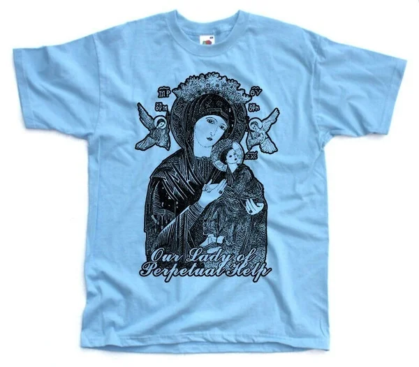 

New Our Lady of Perpetual Help Mens T-shirt SKY BLUE Virgin Mary size S-4xl