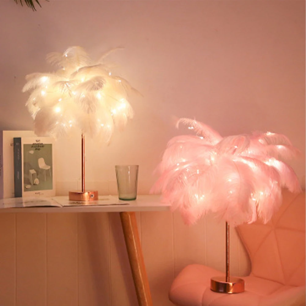 nordic feather night light remote control fairy desktop lamp usb for home living room bedroom party wedding romantic decoration free global shipping