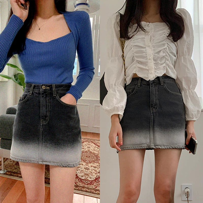 

Women High-Waist Gradient Color Whiten Vintage Denim Short Skirts Summer Zipper Slim Gothic Club Jean Skirt Female Streetwear