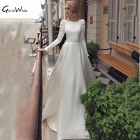 a line satin wedding dress long sleeve backless lace appliques bridal robes backless bride to be court train vestido de novia