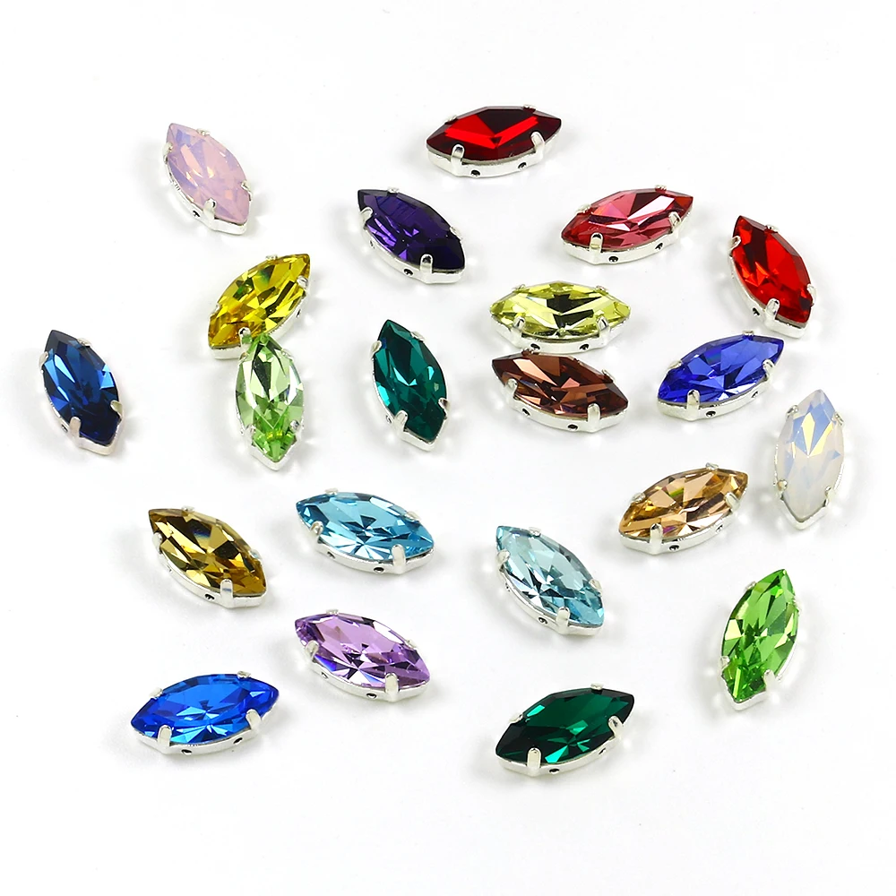

7x15mm Navette Horse Eye Sew on Diamond Silver 4 Claw Button Rhinestone Crystal For Garment Jewelry Wedding Dress Shoe Bag Diy