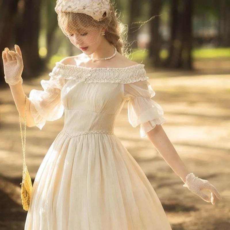 

French Slash Neck Reflective Fairy Dress Simple Ball Wedding Banquet Lolita Clothing Autumn Dresses for Women 2021 Elegant