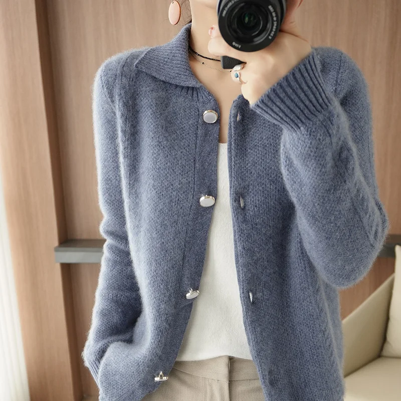 

Женский шерстяной кардиган с воротником-поло, новинка осенне-зимнего сезона 2021, модная свободная вязаная куртка с лацканами, Однотонный сви...