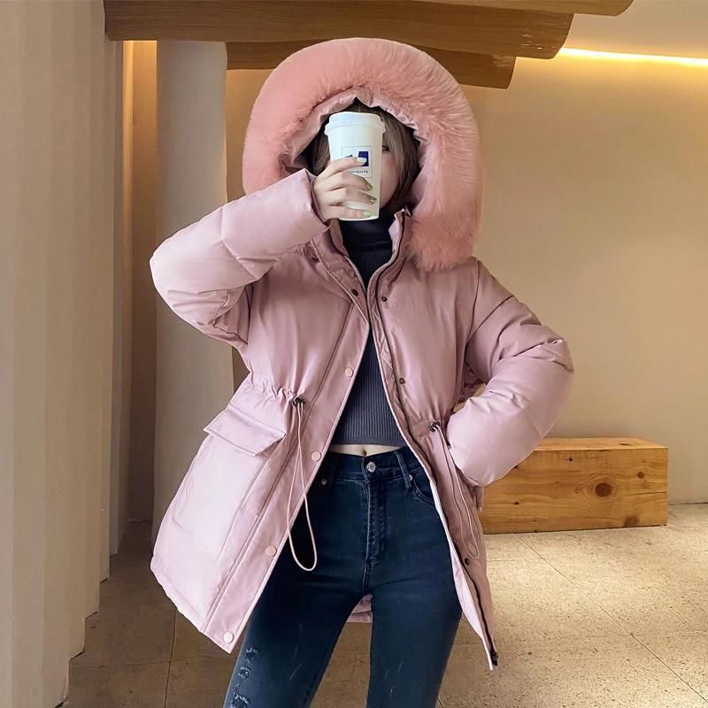 

Large Fur Collar Hooded Winter Womens Parkas Solid Thicken Cotton Padded Coat for Ladies Casual Loose Warm Puffer Jacket Outwear
