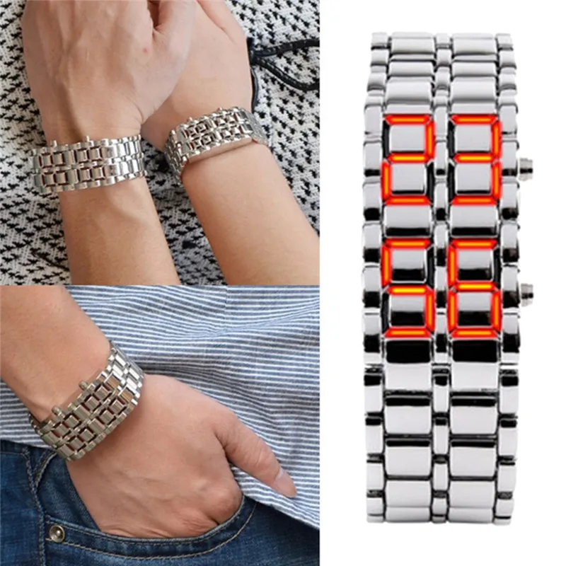 Fashion Led Watches Wristwatch Full steel Fire Digital Men Women Lava Iron Samurai Metal LED Faceless Bracelet Watch | Наручные часы