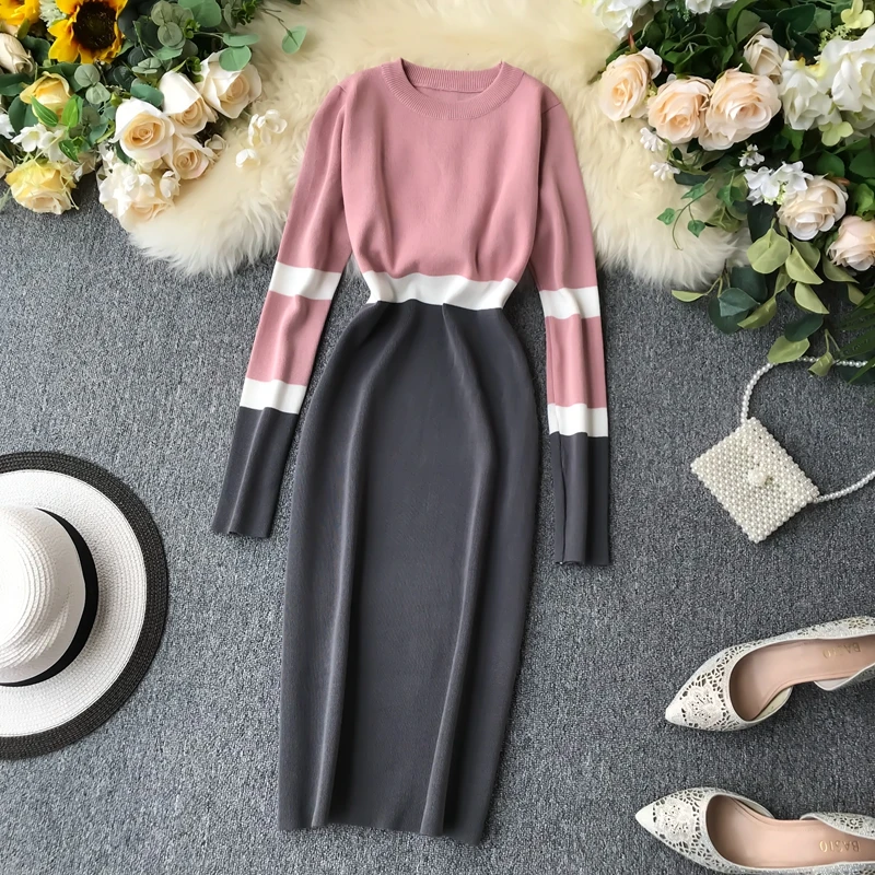 ALPHALMODA осенне-зимнее женское трикотажное платье хит цвета новое ретро с высокой талией цветное с длинным рукавом тонкое трикотажное цельное платье
