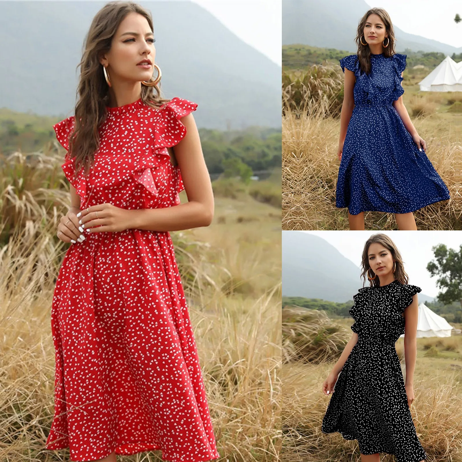 

Summer Women's Dress Women's Dot Print Dress Women Casual Butterfly Sleeve Ruffles Chiffon Dresses For Women 2021