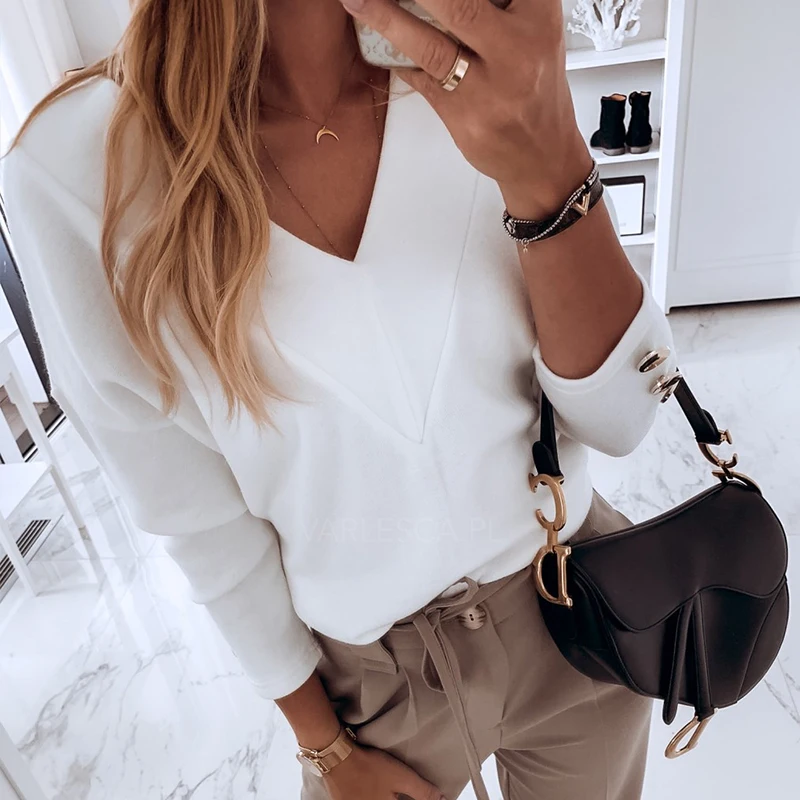 

3 Colors Women Autumn Winter Solid V Neck Button Basic Long Sleeve Tops Female Loose Button Casual T-Shirt Pullover Oversized