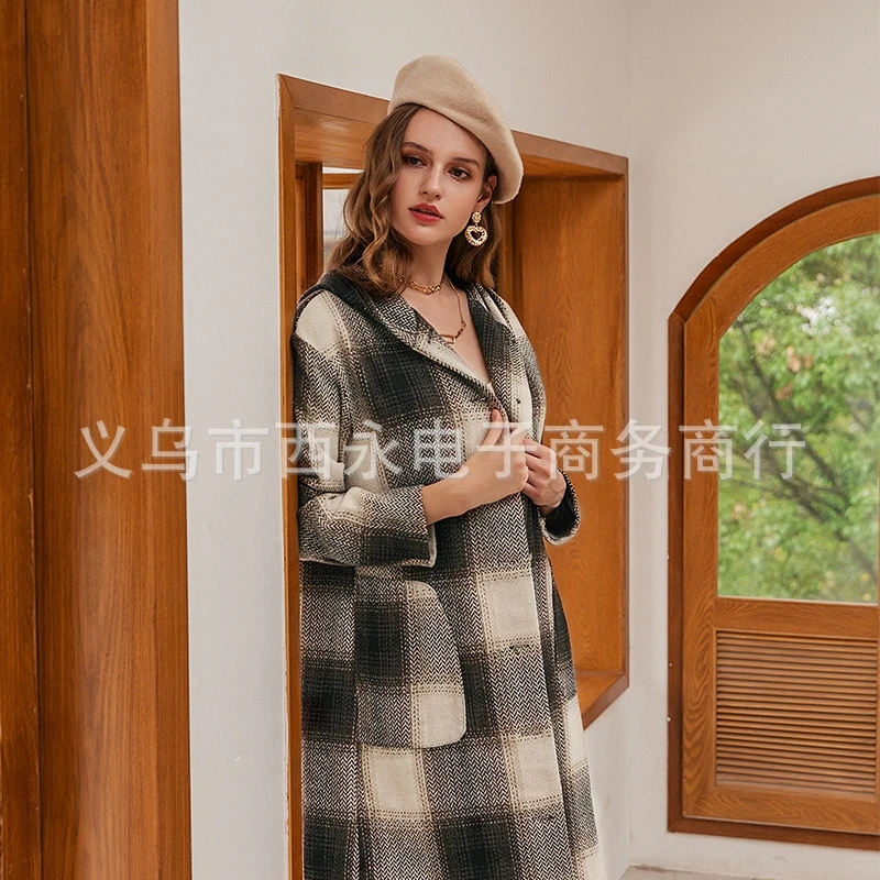 

YOSICIL Casual loose button plaid hooded women coat Pockets contrast color long coat ladies Warm autumn winter overcoat 2021 new