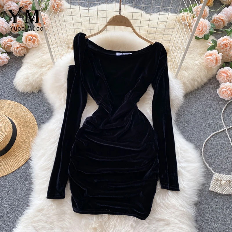 

YuooMuoo Новое Сексуальное женское черное мини-платье Вечерние бретелек с длинным рукавом вечернее облегающее платье Элегантное бархатное осе...