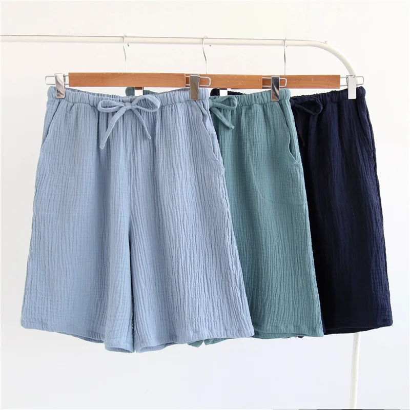 

Summer 100% Cotton Crepe Yarn Men's Household Thin Section Sleep Bottoms Lattice Shorts Solid Nightly Trousers Sleepwear