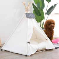 pet tent house wood canvas cat bed portable dog tent thick cushion pet nest for small medium dogs foldable playhouse accessories