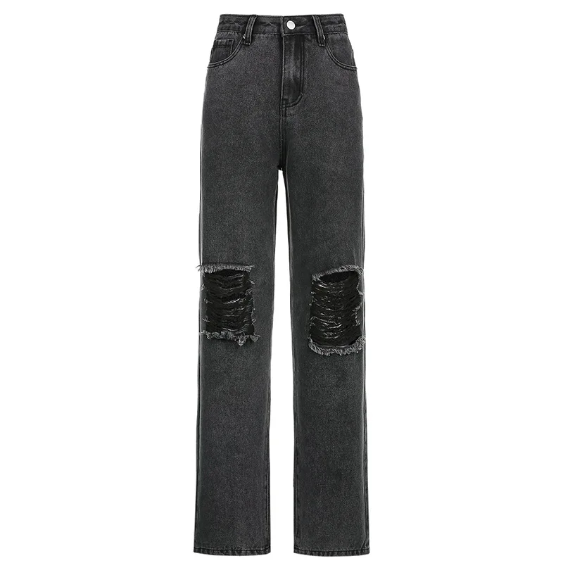 

Mandylandy Women Ripped Denim Pants Female Distressed Trousers Lady Vintage Hole High Waist Loose Jeans