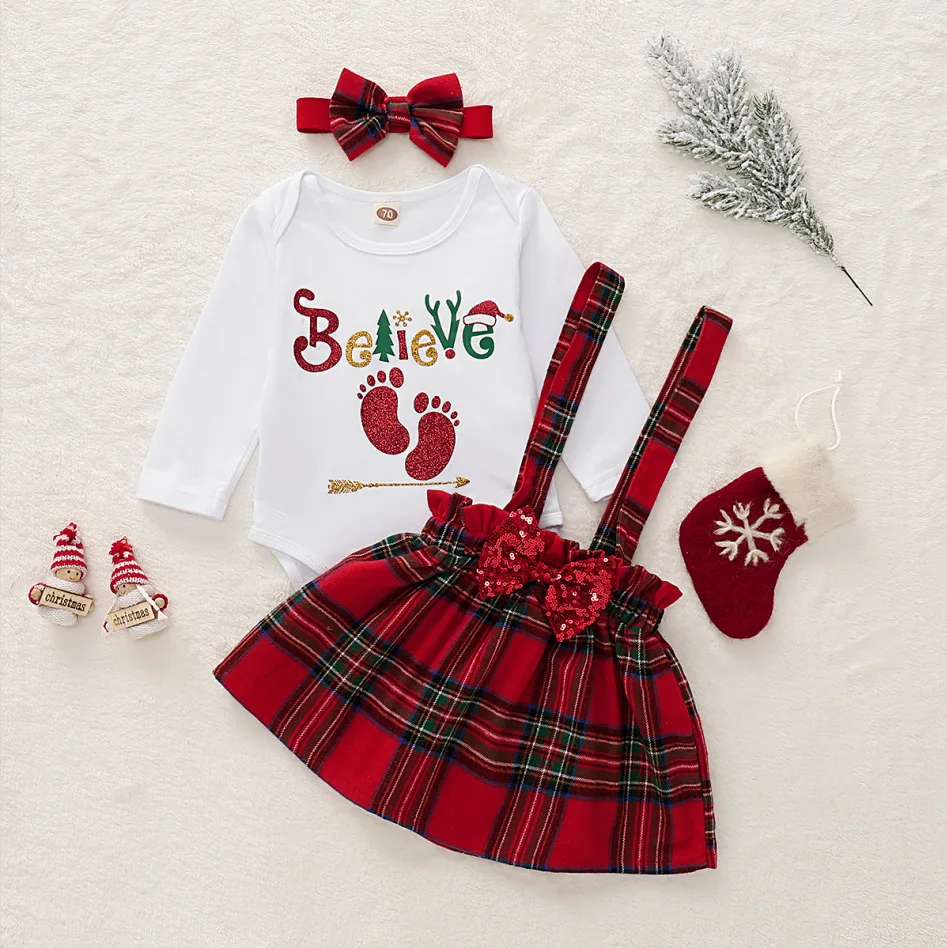 

0-18M 3Pcs Newborn Baby Girl Christmas Print Long Sleeve Romper Tops Plaids Strap Skirt Headband Outfits little girl clothes