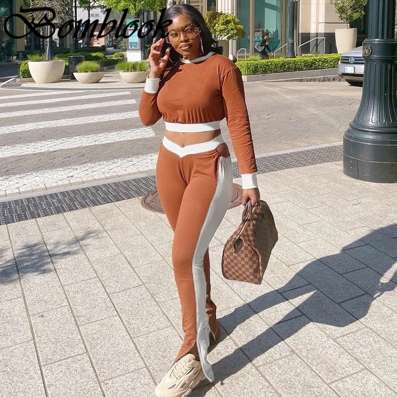 

Bomblook Casual Fashion Women's Tracksuits 2021 Autumn Panelled O-neck Long Sleeve Crop Tops With Pencil Pants Femme Streetwear