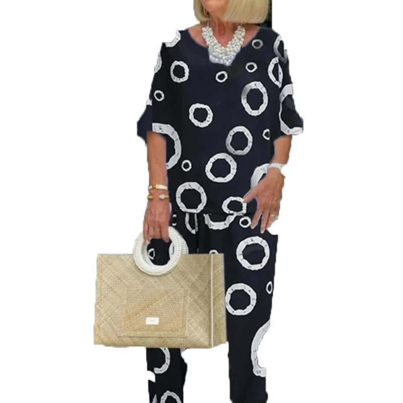 

Casual Loose O-Neck Lady Suits 2021 Autumn Print Women's Two Piece Set Female Summer Pullover Tops+Long Pants Outfits Streetwear