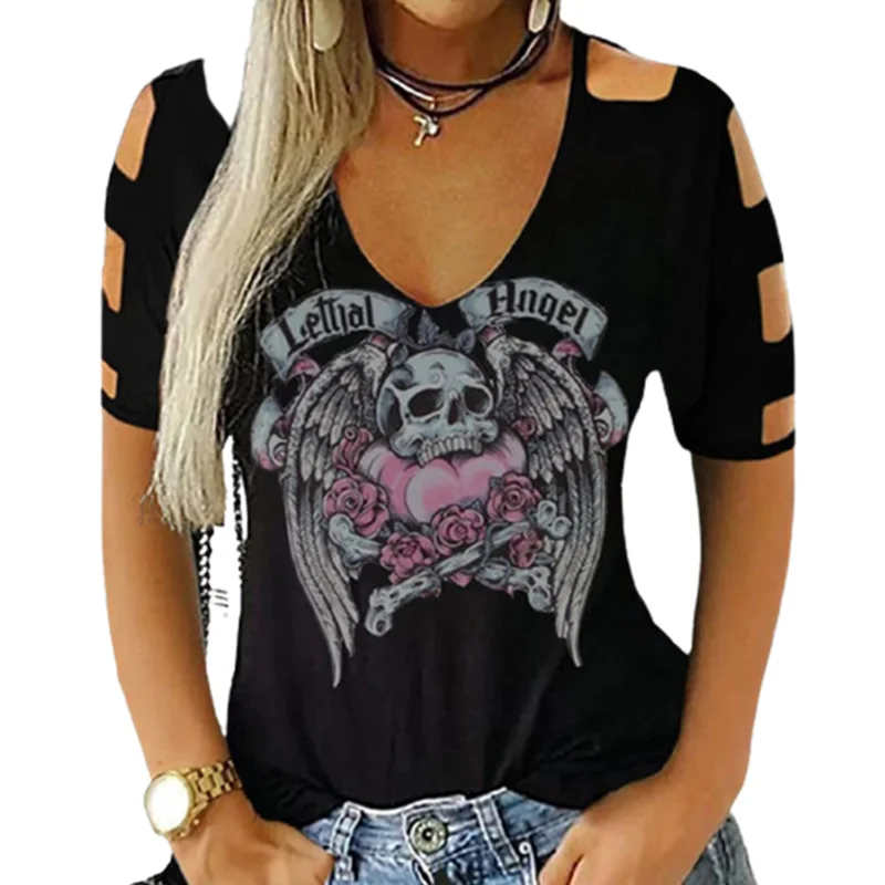 

Womens Summer Fasion Flower Off Shoulder Sexy V Neck Loose Short Sleeve Plus Size Skulls Tie Dyed Streetwear Tops