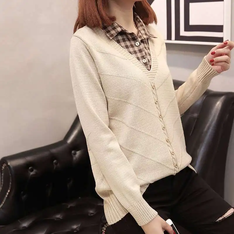 Свитер с воротником-стойкой женский свитер имитацией двух частей свободный