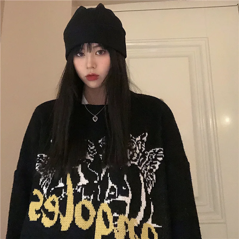 Woherb Stylish Vintage Sweater Jumpers for Women Harajuku Streetwear 2022 Autumn Winter Angel Print Female Knitted Pullovers | Женская